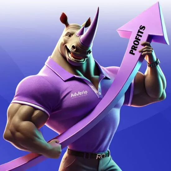 A muscular cartoon rhino in a purple polo shirt is holding a pink upward arrow labeled "Profits," reflecting strength and success.