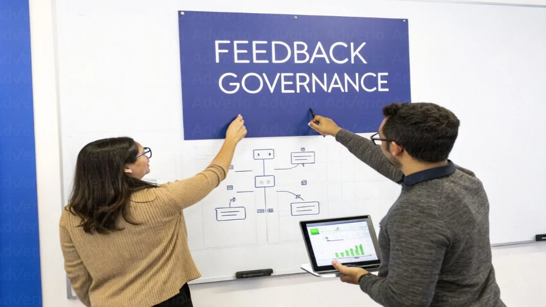 Two colleagues pointing at a whiteboard with 