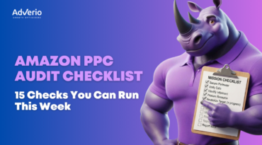 Amazon PPC audit checklist — Adverio mascot holding a 15-point mission checklist to eliminate wasted ad spend