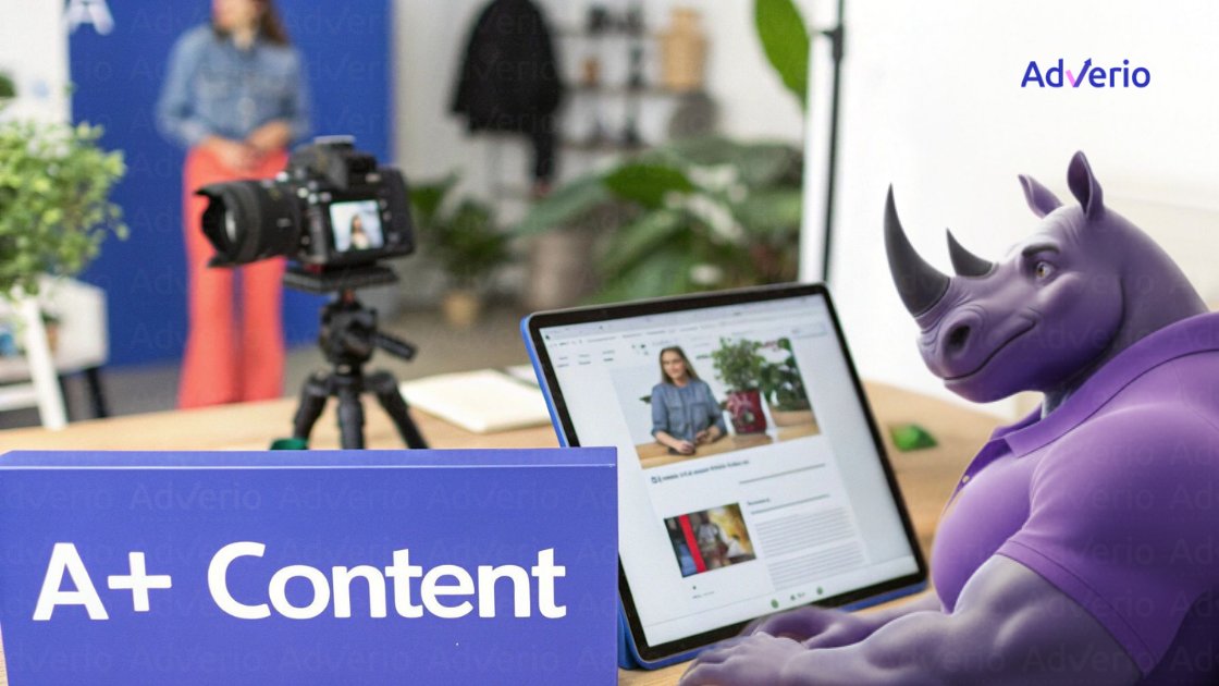 A purple rhino mascot reviews A+ content on a tablet, with a woman filming in the background.