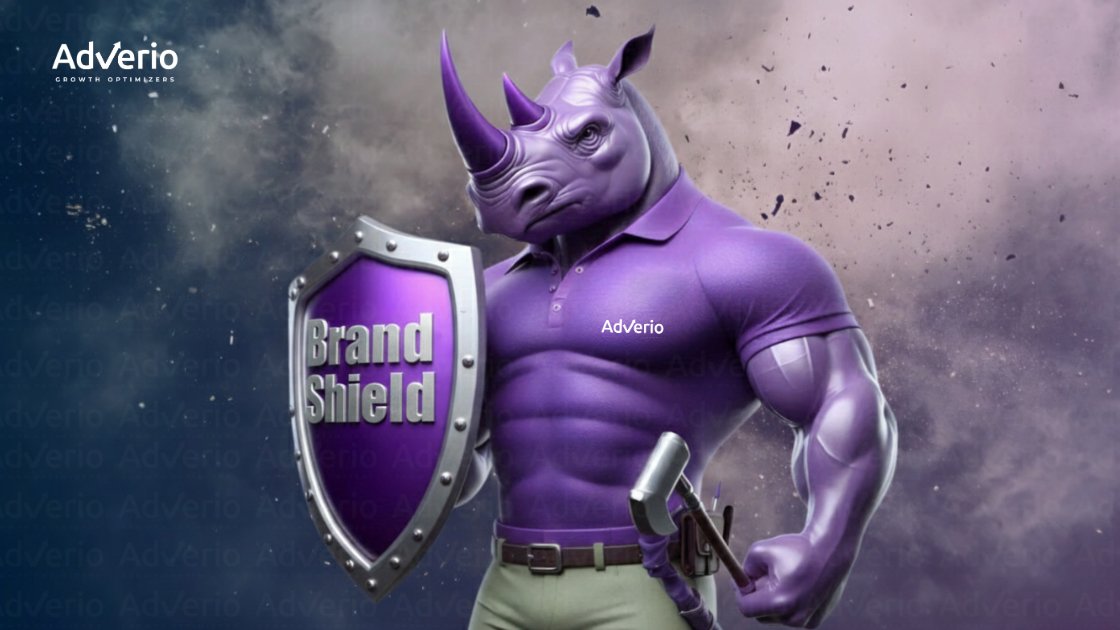 A strong purple rhino mascot for AdVerio, holding a 'Brand Shield' and an axe against a smoky background.