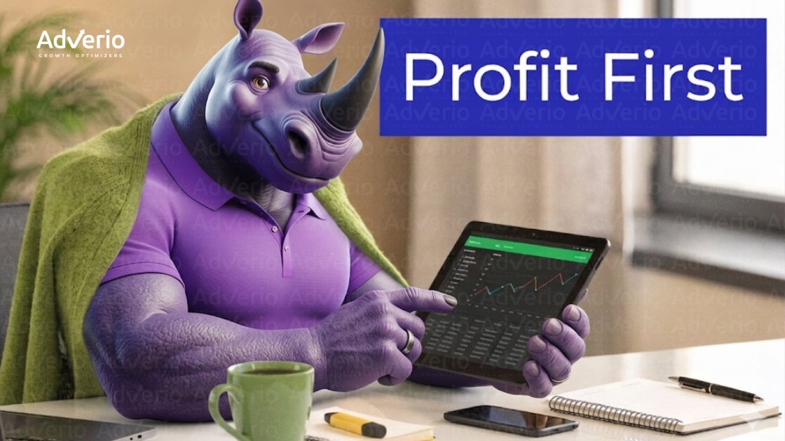 Amazon Brand Tailored Promotions Strategy: Drive Incremental Revenue Without Margin Bleed 21 Purple rhino character at a desk, viewing financial charts on a tablet, with 'Profit First' text.