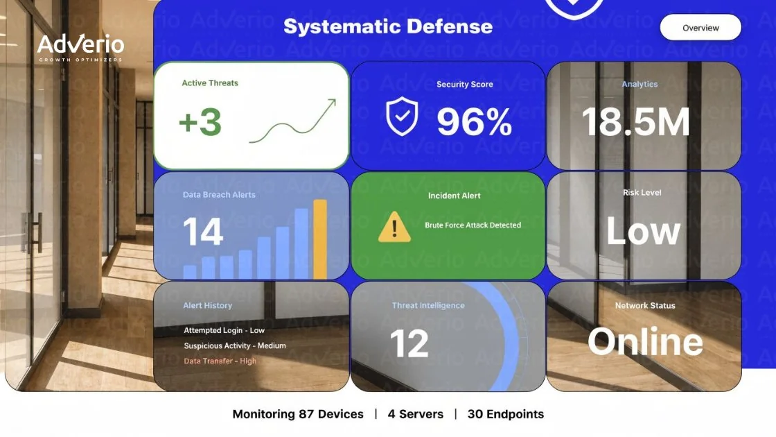 Amazon Buy Box Algorithm: What Determines Who Wins & Loses 23 A digital security dashboard titled 'Systematic Defense' displaying active threats, security score, and various alerts.