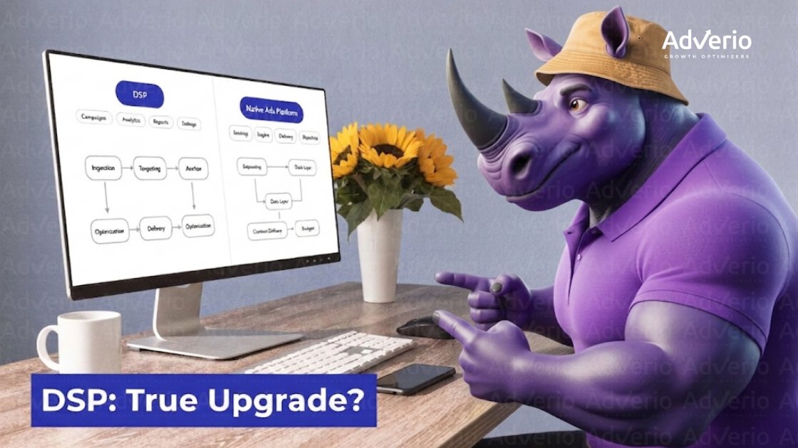 Unlock Growth with Amazon Display Ads 20 A purple rhino in a bucket hat points at a computer monitor displaying DSP and Native Ads Platform diagrams, asking 'DSP: True Upgrade?'.