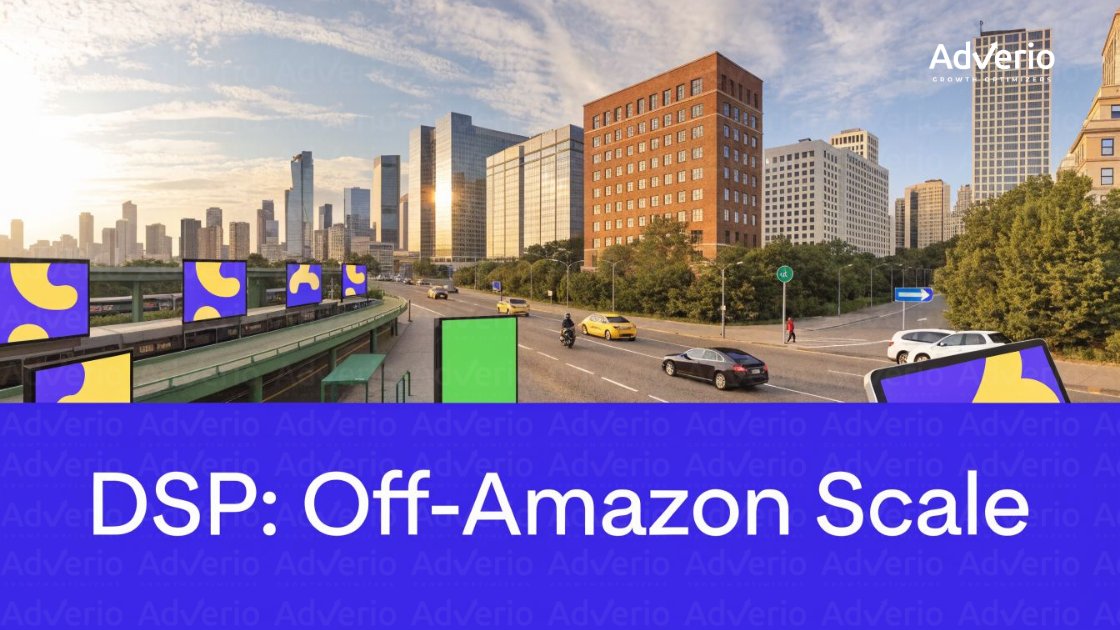 Unlock Growth with Amazon Display Ads 22 Cityscape with a multi-lane road, cars, and tall buildings, featuring digital billboards and 'DSP: Off-Amazon Scale' text.