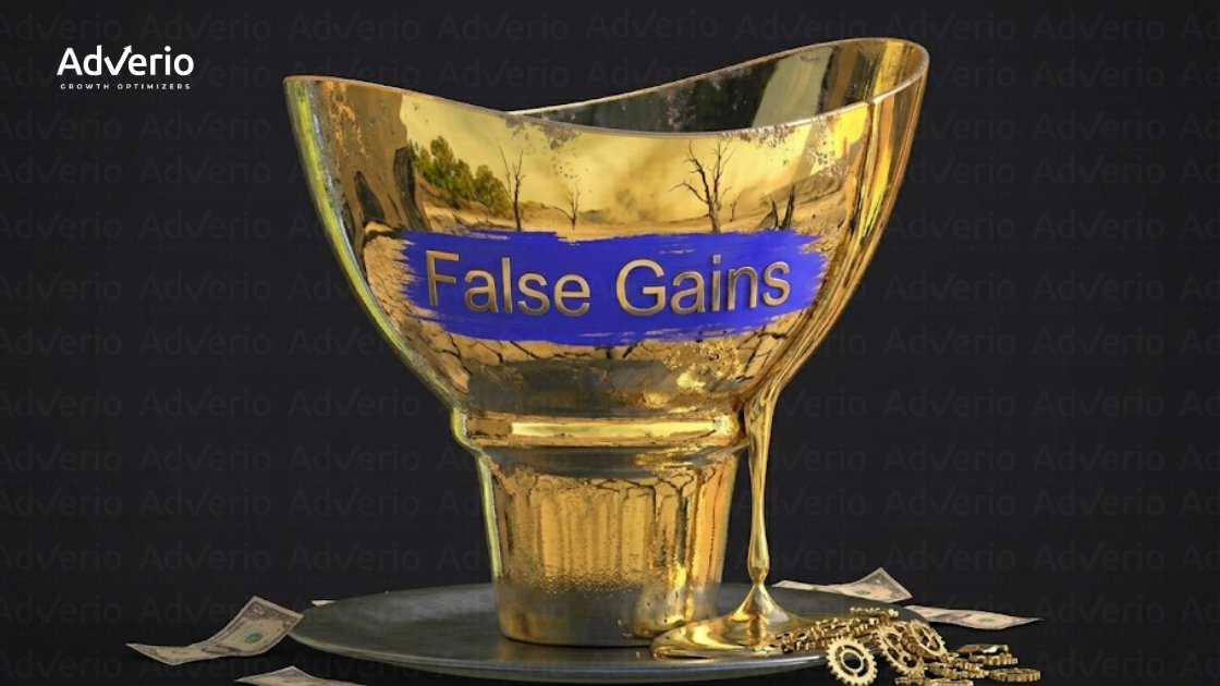 Maximize ROI with Amazon Incrementality Measurement 17 Golden, cracked trophy with 'False Gains' text, reflecting a dry landscape, spilling money.