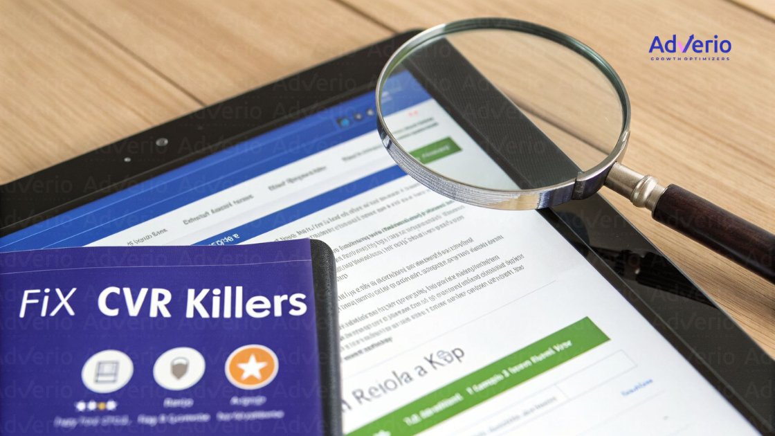A magnifying glass on a tablet with a 'Fix CVR Killers' brochure, symbolizing conversion rate optimization.