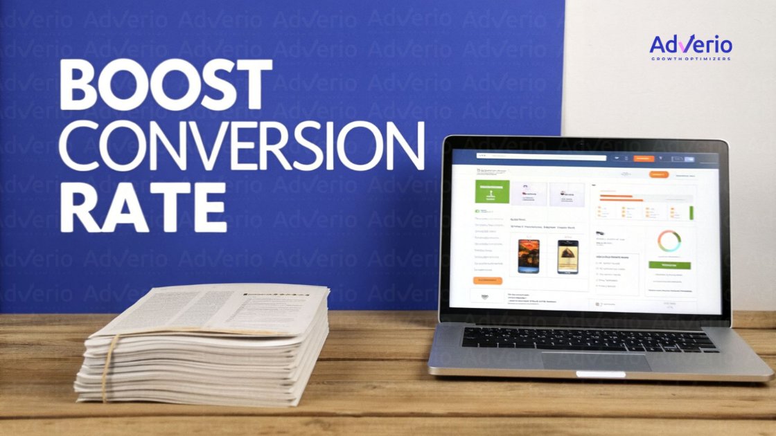 A laptop displaying a conversion rate dashboard and stack of papers next to 'BOOST CONVERSION RATE' text.
