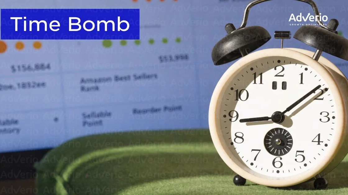 Amazon Negative Seller Feedback: Your Action Plan 20 An alarm clock sits in front of a blue banner with 'Time Bomb' and a blurry screen showing financial data.