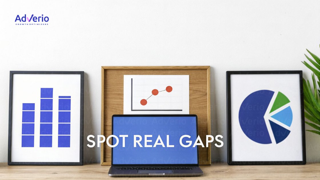 Amazon Product Opportunity Explorer: How to Use It to Find Profitable Gaps 12 Desk setup with laptop showing 'SPOT REAL GAPS', framed bar, line, and pie charts.
