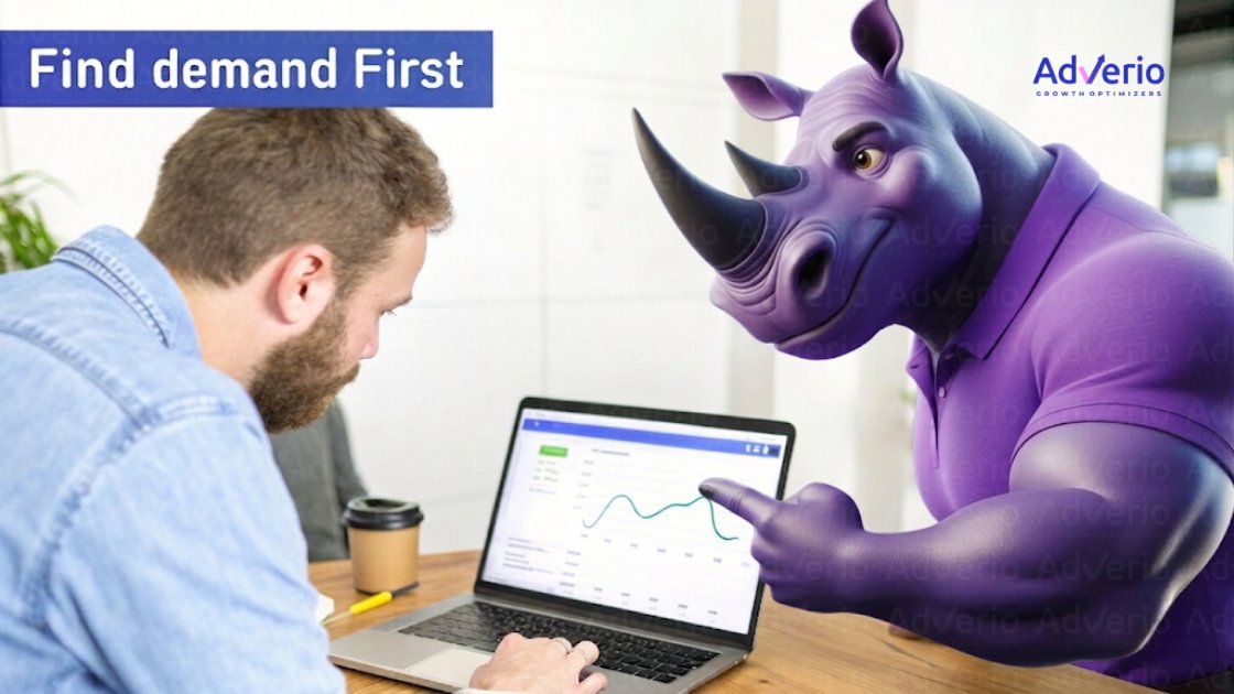 Amazon Product Opportunity Explorer: How to Use It to Find Profitable Gaps 13 A man and a purple rhino-like character analyze a demand graph on a laptop.