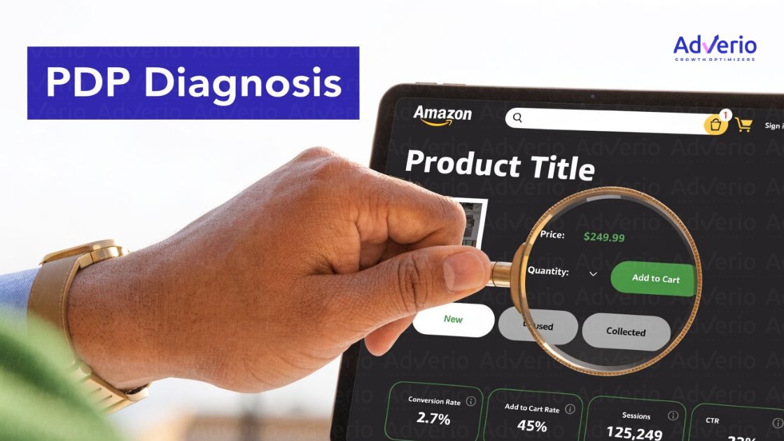 Amazon Product Page Conversion Rate: Fix the Real Bottleneck Killing Your Margin 20 Hand with magnifying glass analyzing Amazon product page conversion rates and metrics on a tablet, featuring 'PDP Diagnosis'.