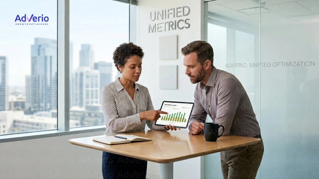 Amazon ROAS vs TACoS: Stop Optimizing the Wrong Metric 23 Two business professionals discussing data on a tablet with charts in a modern office overlooking a city.