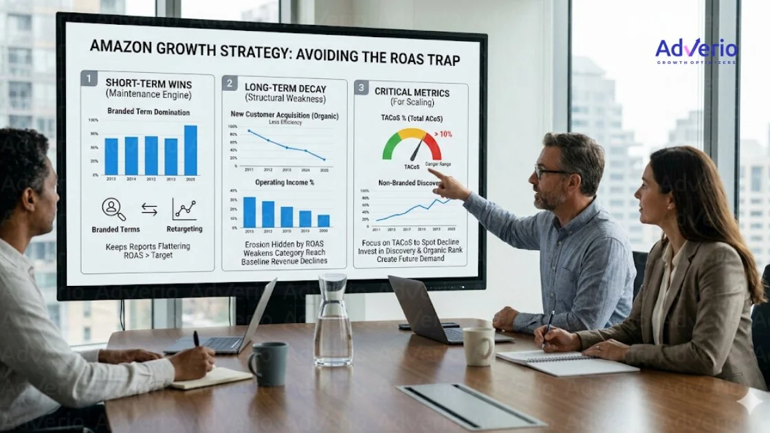 Amazon ROAS vs TACoS: Stop Optimizing the Wrong Metric 22 Three professionals discuss an Amazon growth strategy presentation on a large screen in a modern office.
