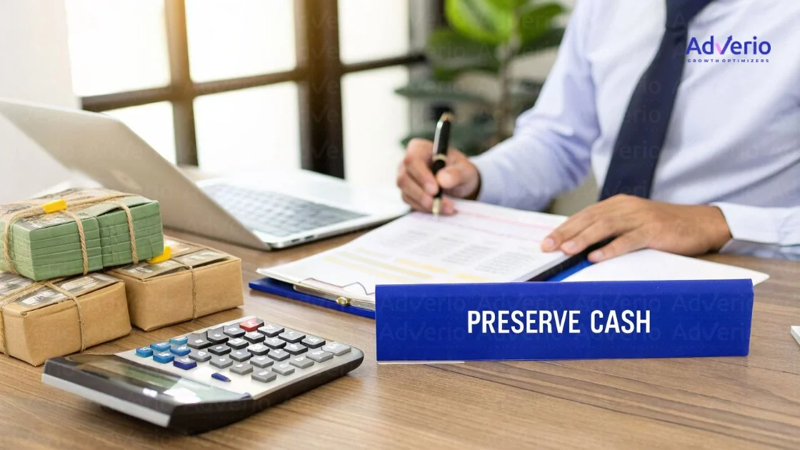 A person works at a desk with stacks of money, a calculator, laptop, and a 'PRESERVE CASH' sign.