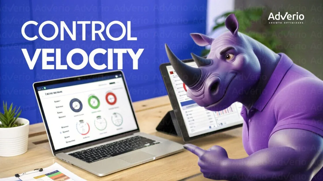 A cartoon purple rhinoceros points at a laptop and tablet displaying data dashboards, with 'Control Velocity' text.