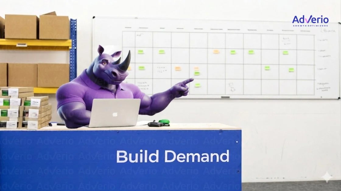 A cartoon purple rhinoceros character at a desk with a laptop, pointing at a whiteboard with a project plan.