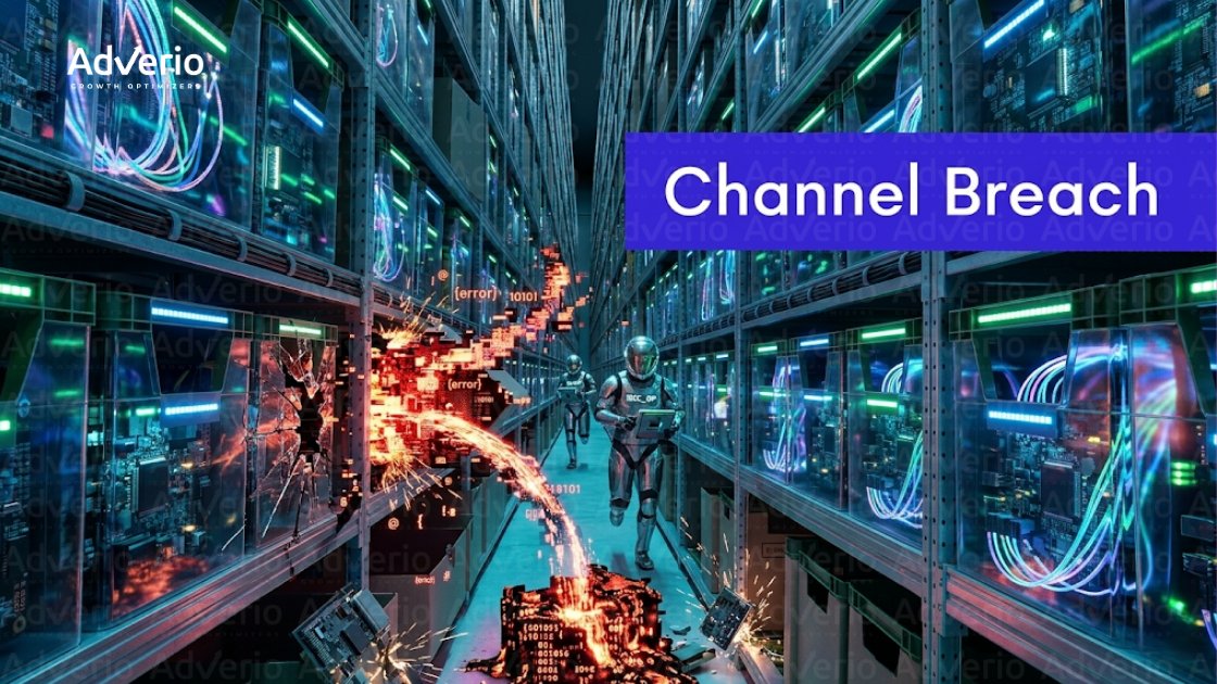 How to Stop Amazon Unauthorized Sellers from Draining Your Margin 16 Robots in a futuristic data center experiencing a channel breach with error codes and sparks.