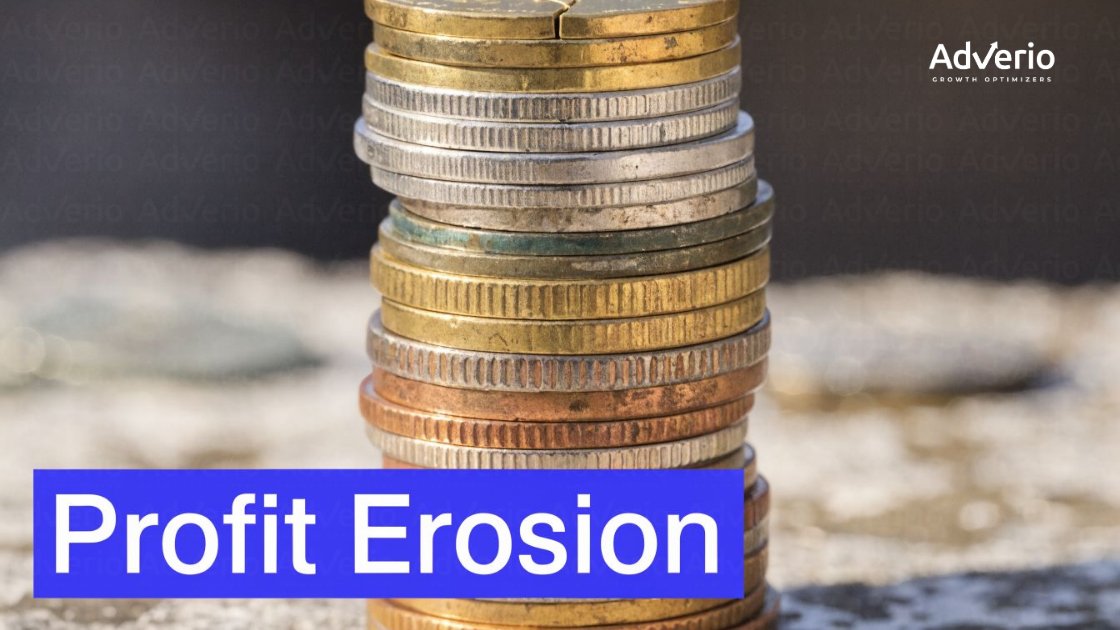 How to Stop Amazon Unauthorized Sellers from Draining Your Margin 18 A tall, unstable stack of multi-colored coins leaning slightly, with a blue overlay reading