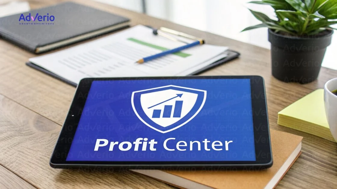 A tablet on a wooden desk displays 'Profit Center' with a growth chart. Documents and coffee are nearby.