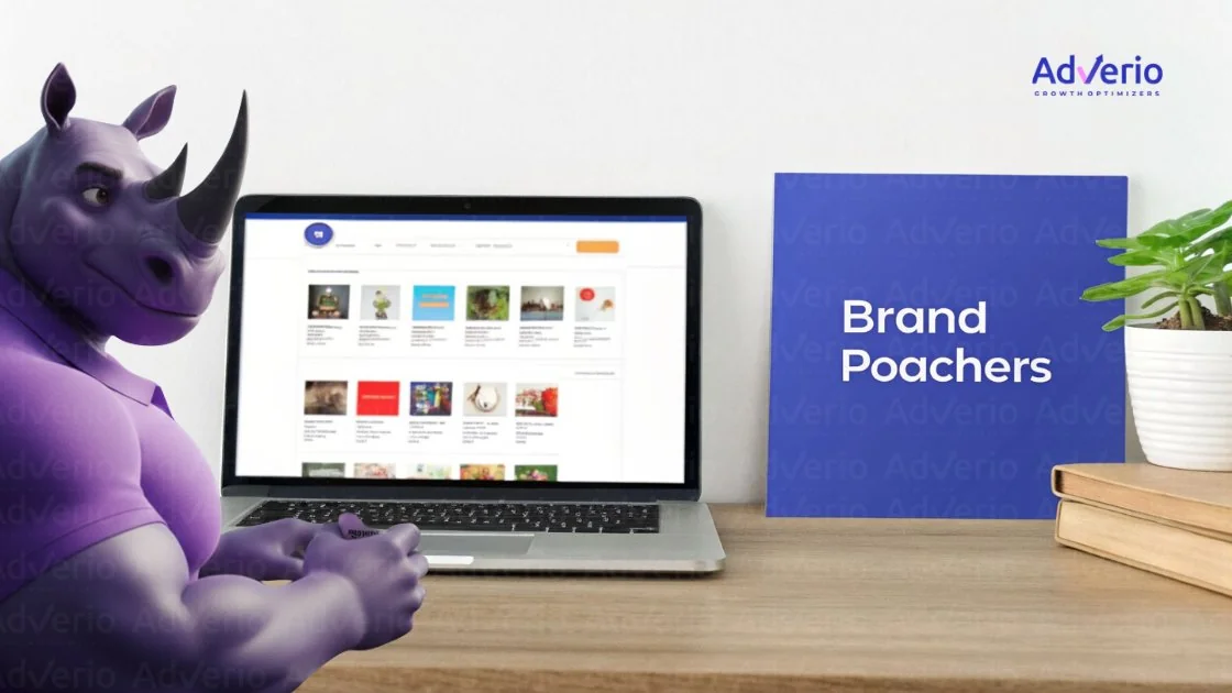 Purple rhino character uses a laptop on a desk, next to a 'Brand Poachers' sign and plant.