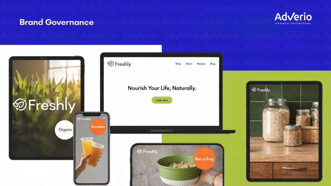 DTC Amazon Integration: How to Scale Amazon Without Cannibalizing DTC Profit 23 Digital devices displaying 'Freshly' brand content across various platforms, emphasizing organic, reusables, and recycling for brand governance.