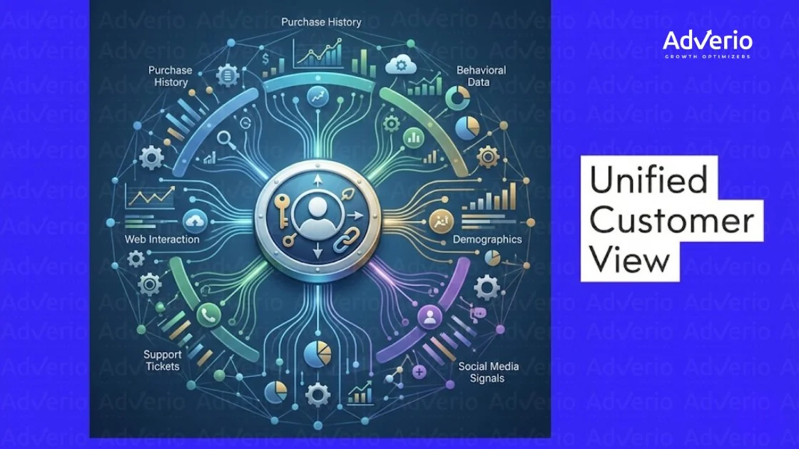 DTC Amazon Integration: How to Scale Amazon Without Cannibalizing DTC Profit 22 Diagram illustrating a unified customer view, connecting various data sources like purchase history, web interaction, and social media signals.