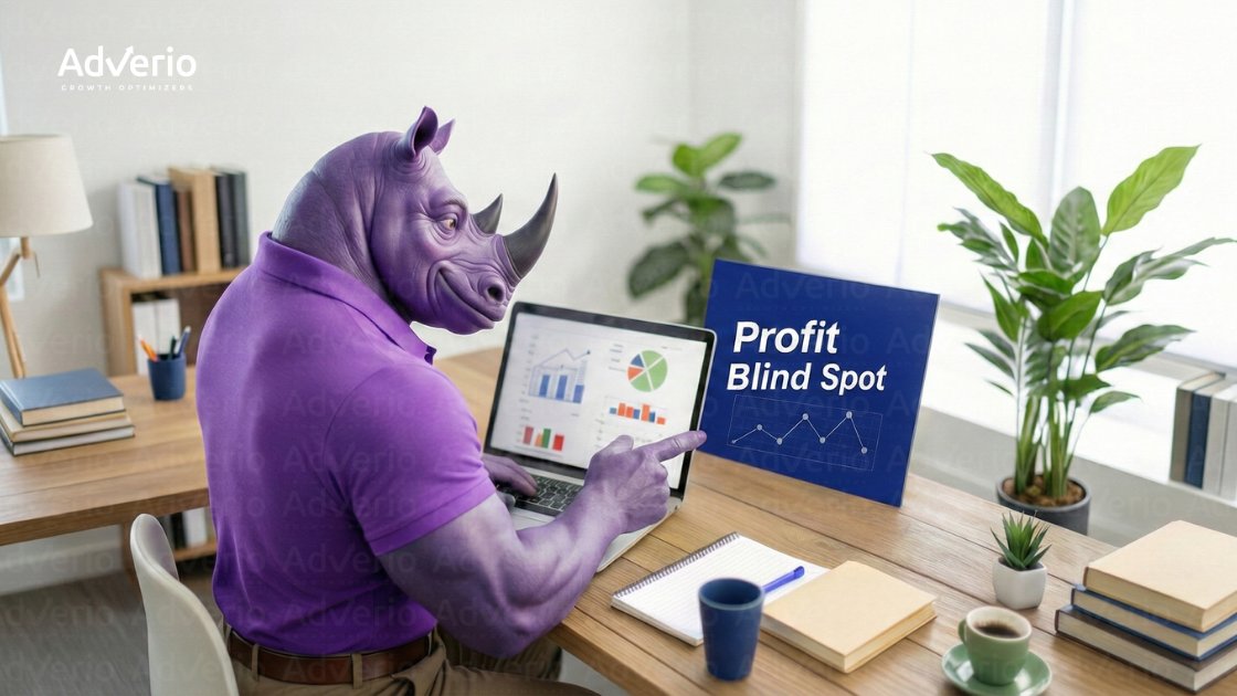 A purple rhino-headed man works on a laptop at a desk, pointing at a 
