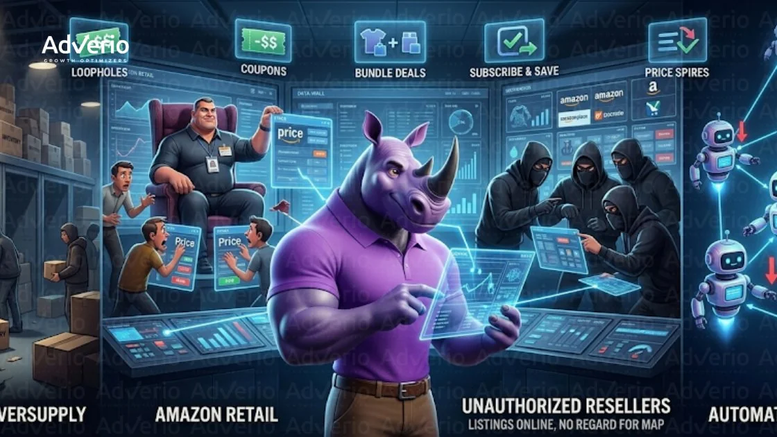 A futuristic control room showing e-commerce strategies like deals, pricing, resellers, and automation with a purple rhino.