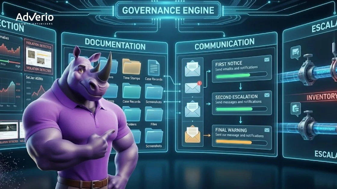 Purple rhino mascot points to a digital Governance Engine interface displaying violation detection and escalation. AdVerio logo is visible.