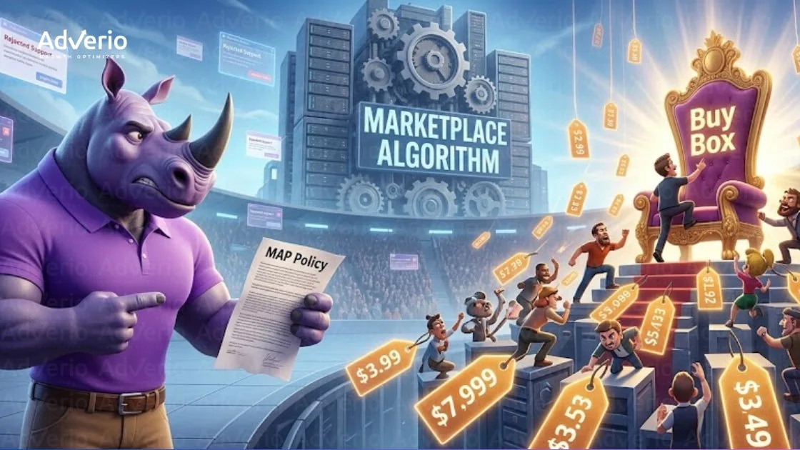 A purple rhino holds a MAP Policy, watching people compete for the Buy Box throne in a marketplace.