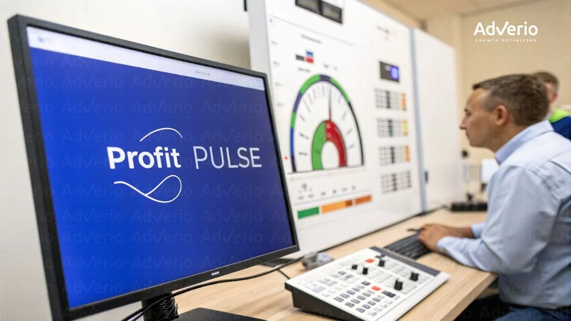 A man works on a computer displaying 'Profit PULSE' on screen, with a large data panel behind him.