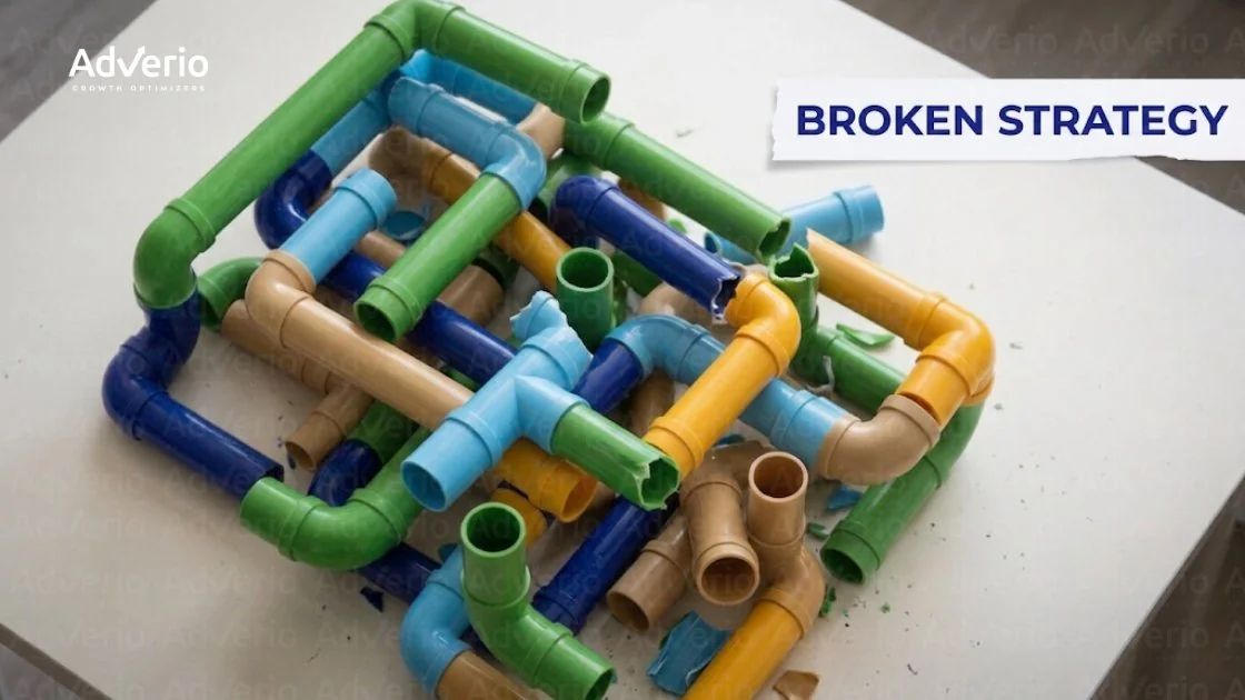 Colorful, broken plastic pipes scattered on a white table, symbolizing a broken strategy.