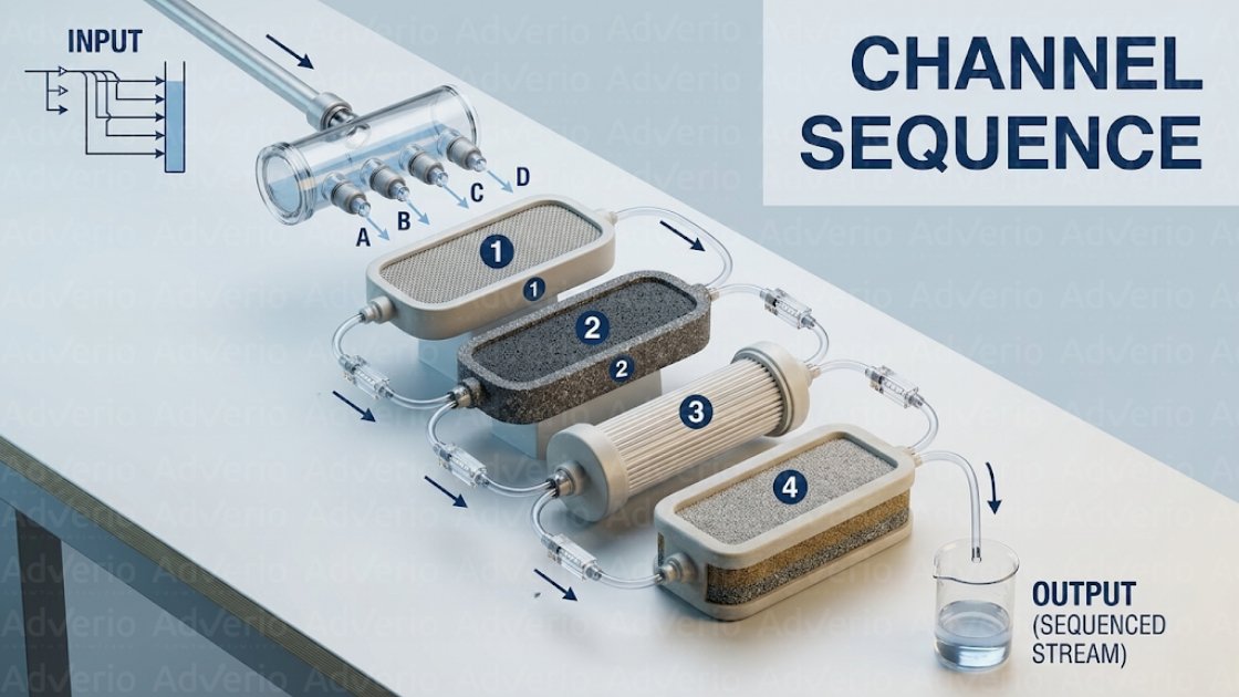 A detailed illustration of a multi-stage fluid sequencing and filtration system from input to output.