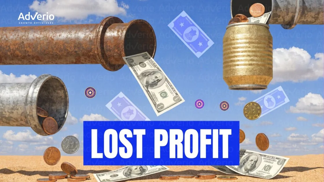Money, including dollars and coins, spills from rusty pipes onto sand, with prominent 'LOST PROFIT' text.