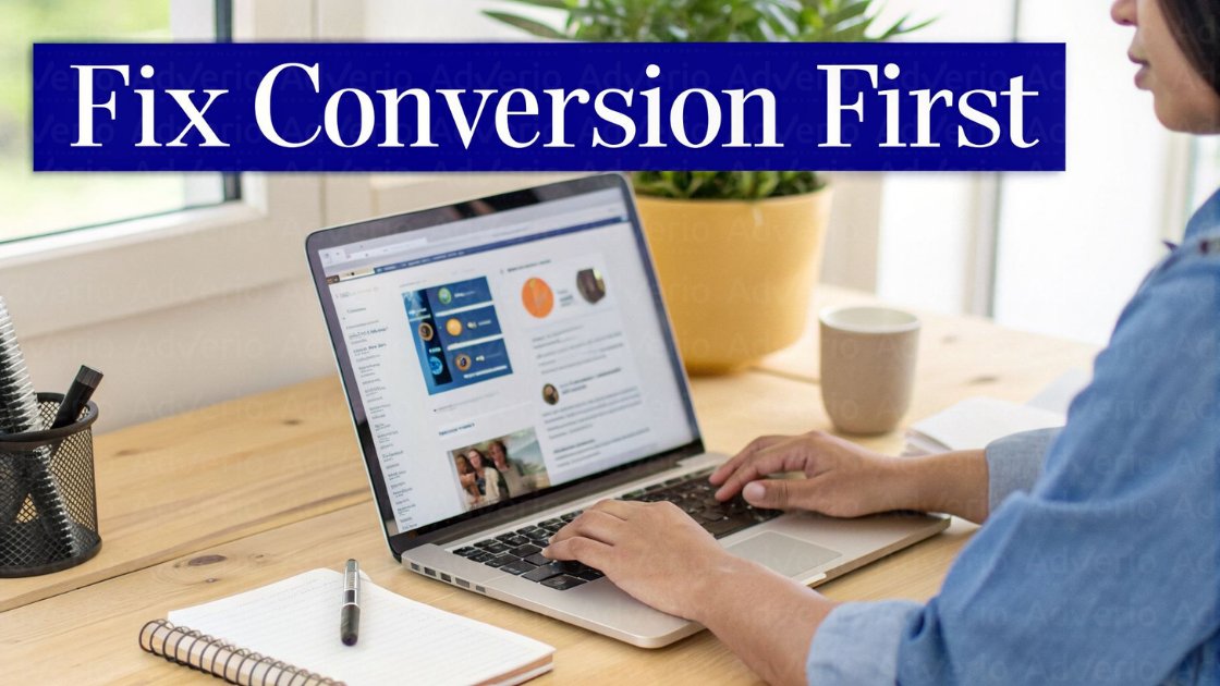 A person types on a laptop at a desk with a plant, mug, and notebook, with 'Fix Conversion First' text.