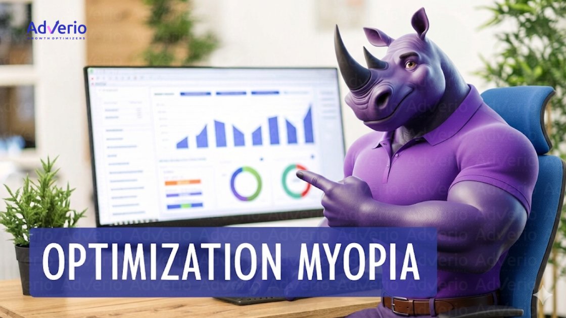 A purple rhino character in a polo shirt points at a monitor with data charts. Text reads 'OPTIMIZATION MYOPIA'.
