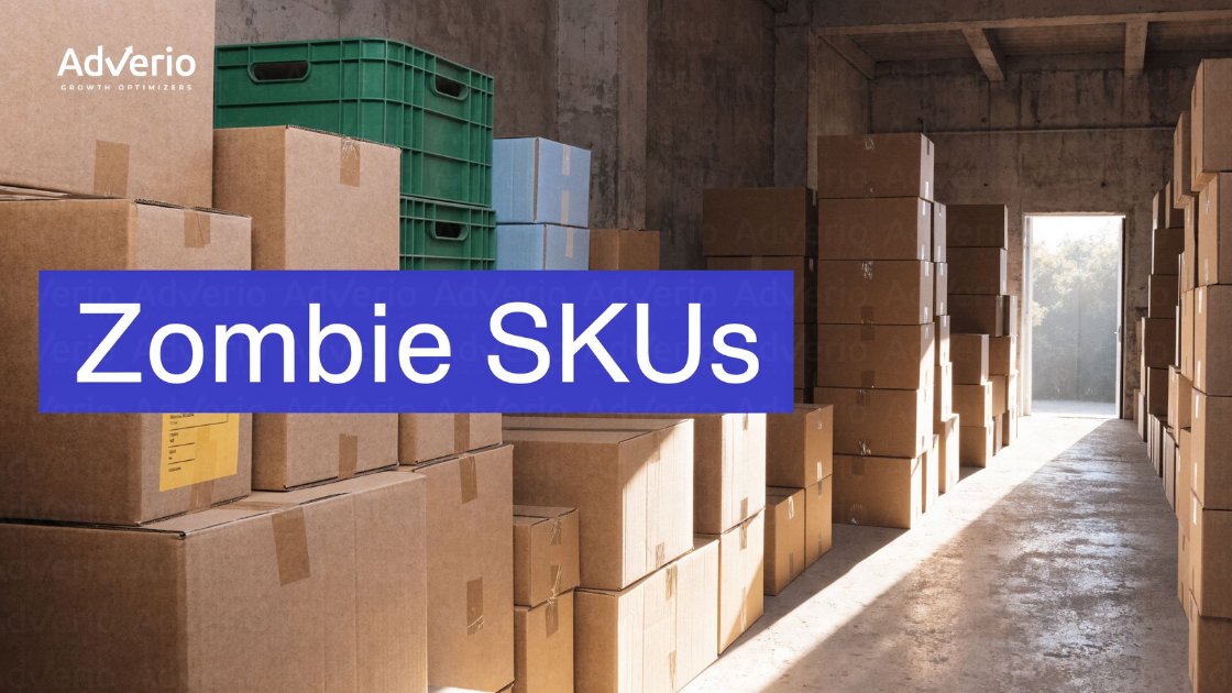 A warehouse full of stacked cardboard boxes with a blue banner displaying 'Zombie SKUs' and 'AdVerio GROWTH OPTIMIZERS' logo.