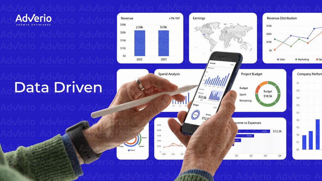 When to Use Amazon DSP (And When Not To) 23 A person's hands interact with a smartphone displaying a data-driven business analytics dashboard with charts and graphs.