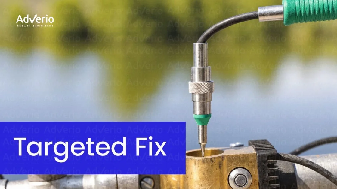 A close-up of a precision tool with a pointed tip against a blurred background, with 'Targeted Fix' text.