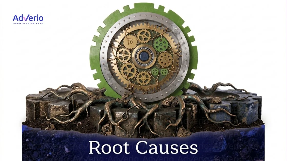 A large green gear with intricate golden mechanisms and roots emerging from concrete blocks, with 