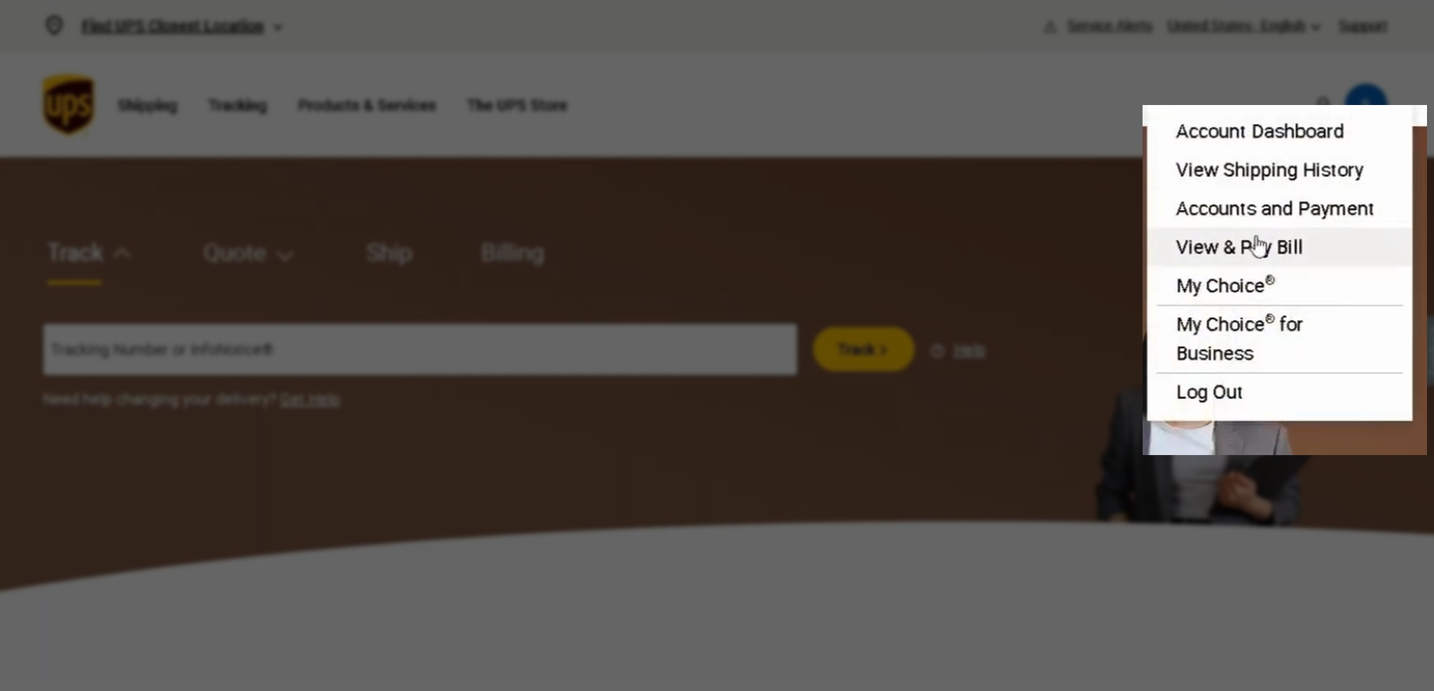 How to Download UPS Invoices for a Carrier Rate Audit | Adverio 2 UPS account menu showing the View and Pay Bill option