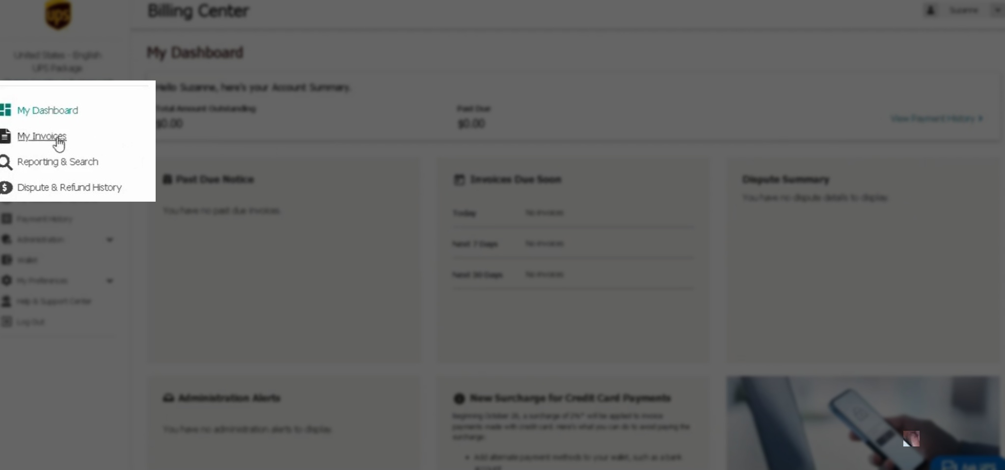 How to Download UPS Invoices for a Carrier Rate Audit | Adverio 3 UPS Billing Center sidebar with the My Invoices option highlighted