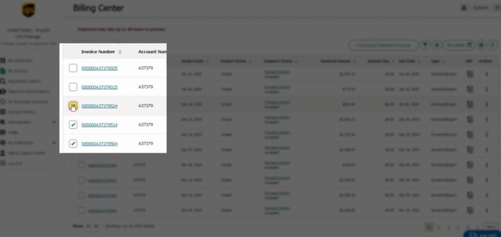 How to Download UPS Invoices for a Carrier Rate Audit | Adverio 4 UPS invoice list with checkboxes for selecting invoices