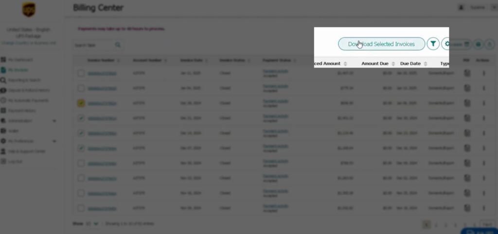 How to Download UPS Invoices for a Carrier Rate Audit | Adverio 5 UPS Download Selected Invoices button at the top right of the invoice table