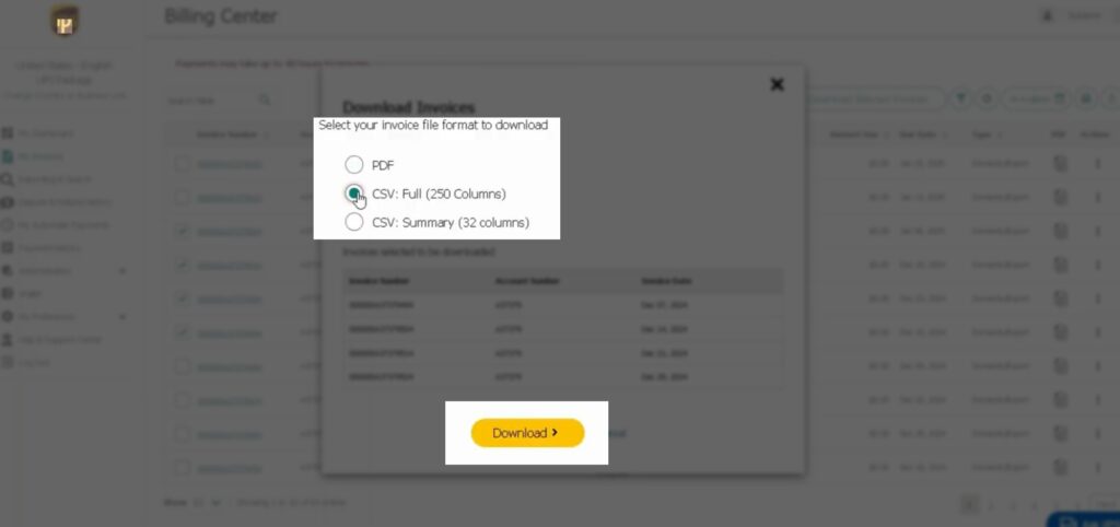 How to Download UPS Invoices for a Carrier Rate Audit | Adverio 6 UPS download format popup with CSV Full 250 Columns option selected