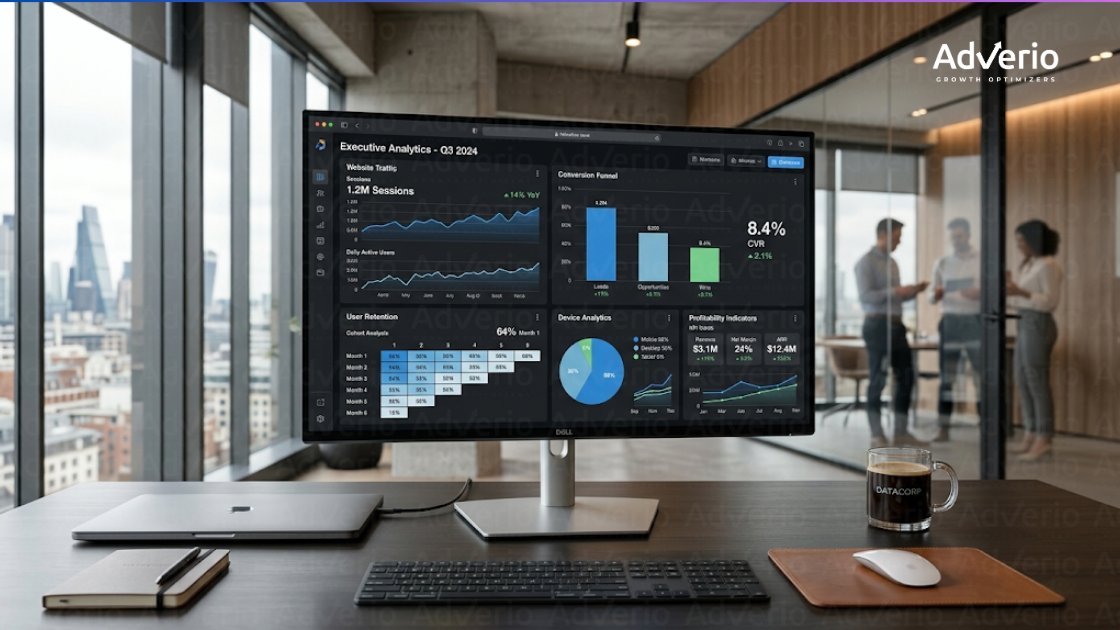 2026 Amazon Agency Benchmark Report: Maximize Performance 22 A modern office workspace with a large monitor showing data analytics dashboards, overlooking a city skyline.