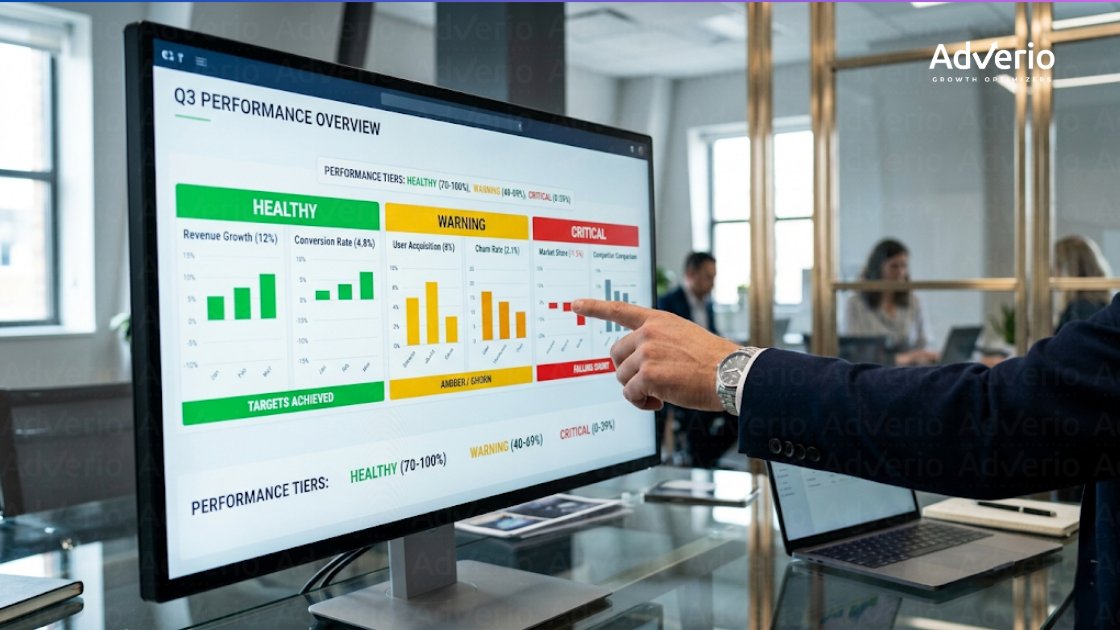 2026 Amazon Agency Benchmark Report: Maximize Performance 21 A person's hand points at a digital dashboard displaying Q3 performance overview with healthy, warning, and critical metrics.