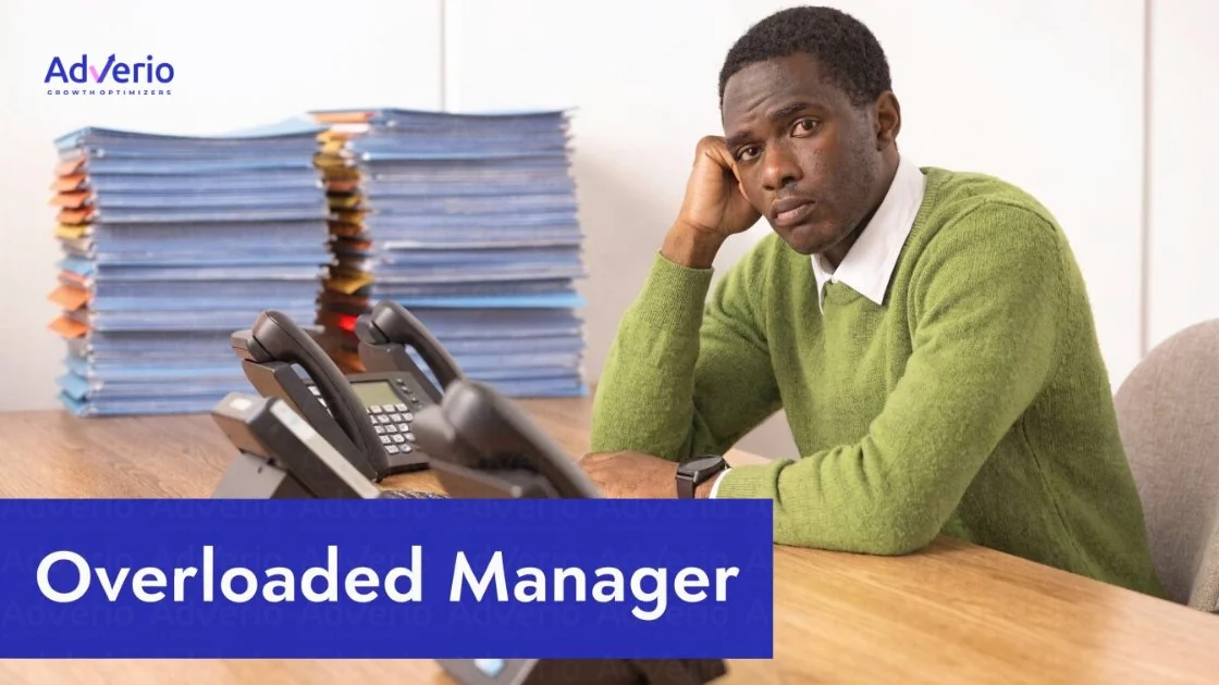 Exposing Amazon Agency Red Flags in 2026 13 A tired, overloaded manager sits at a desk, surrounded by stacks of files and phones.