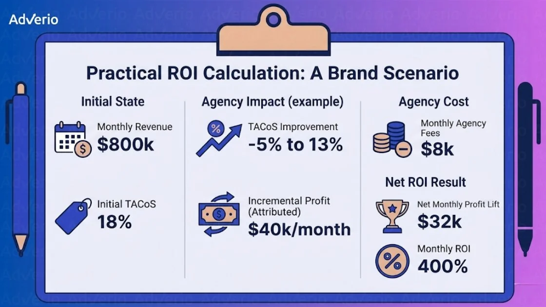 Unlock Profit: Amazon Agency ROI Calculator 2026 14 An infographic illustrating a practical ROI calculation for a brand, detailing initial state, agency impact, cost, and net ROI results.